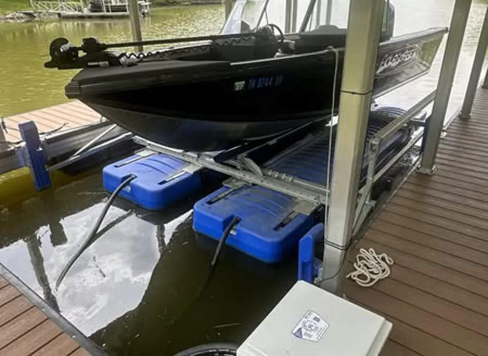 Close-up of HydroHoist lift tanks and boat lift frame